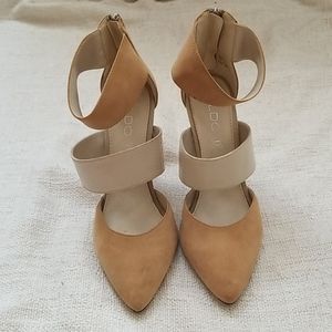 Aldo Women Tan Suede Heels, Double Straps.